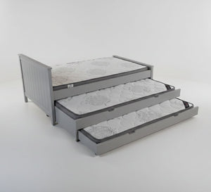 Gray bed frame with three drawers featuring floral mattress toppers on a white background