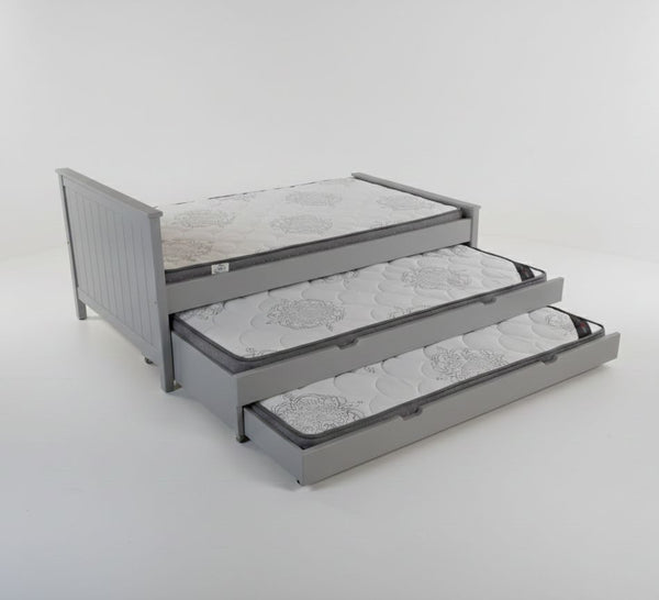 Gray bed frame with three drawers featuring floral mattress toppers on a white background
