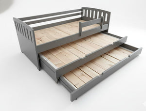 Gray bed with wooden slats and a pull-out drawer on a white background