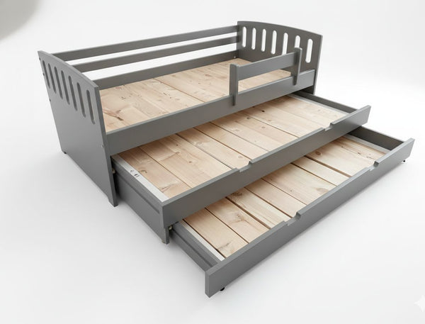 Gray bed with wooden slats and a pull-out drawer on a white background