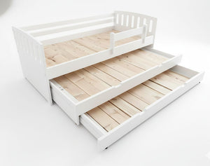 White bunk bed with wooden slats on a white background