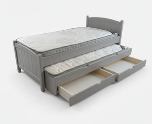 Gray bed frame with a mattress and open drawers on a white background