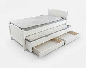 White bed with pull-out trundle and drawers on a white background
