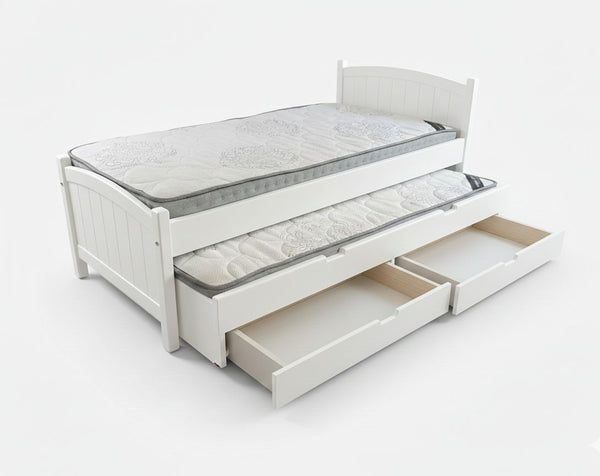 White bed with pull-out trundle and drawers on a white background
