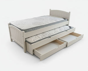 Beige bed with pull-out drawers on a white background