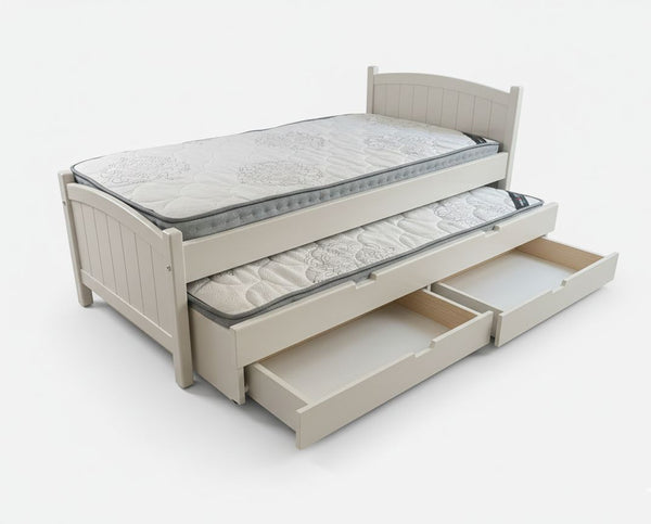Beige bed with pull-out drawers on a white background