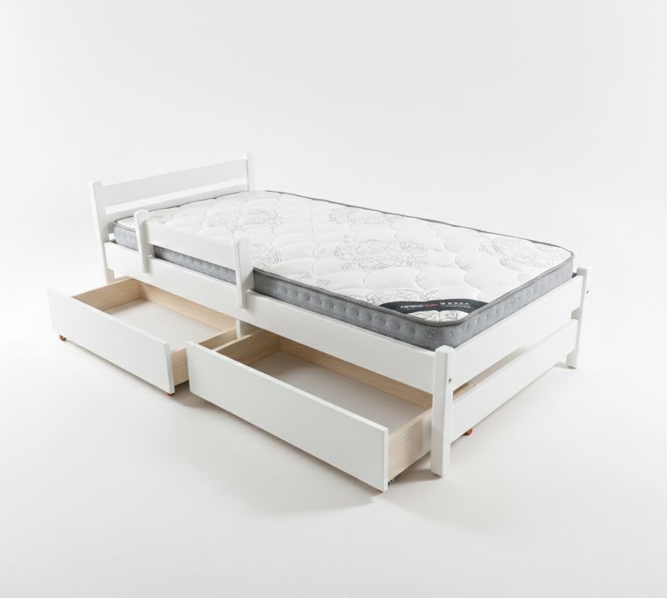 Beige bed frame with mattress and storage drawers on a white background