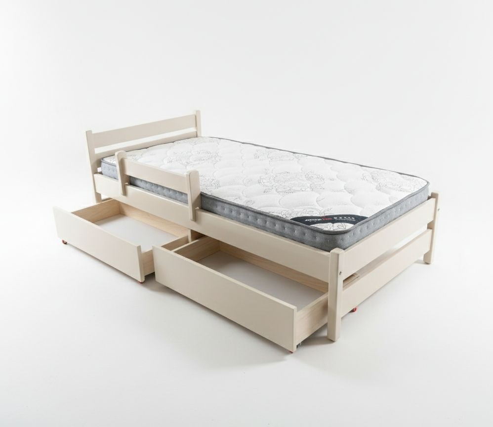 Beige bed frame with mattress and storage drawers on a white background