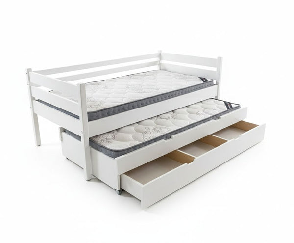 White bed with storage drawers on a white background