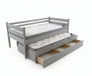 Gray bed with pull-out drawer and mattress on a white background