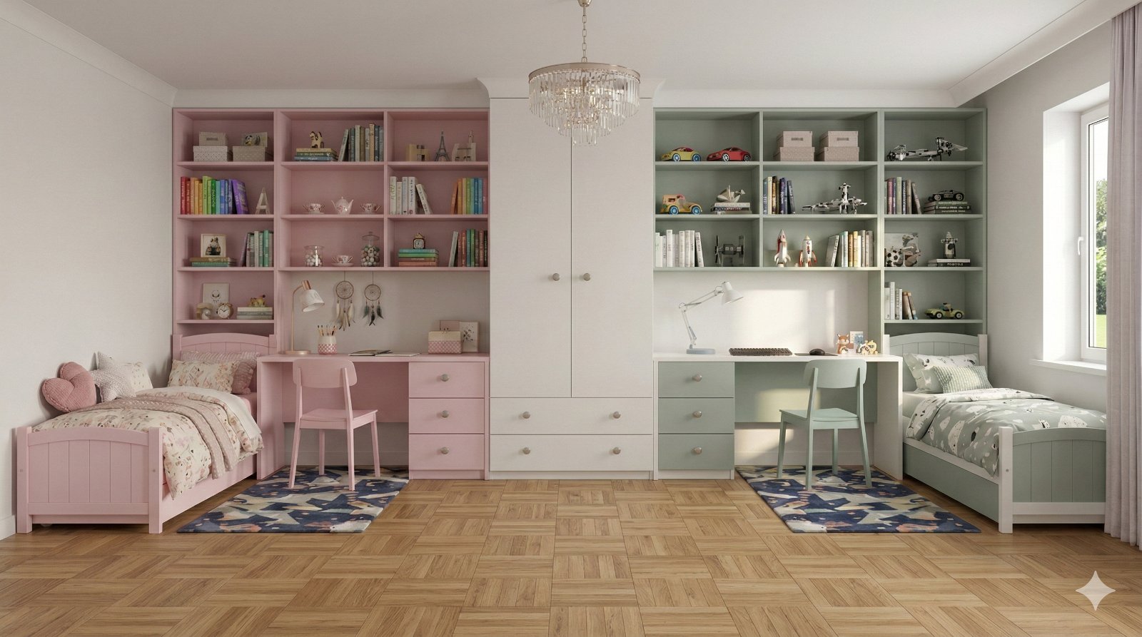 Shared bedroom with pink and gray furniture, bookshelves, and desks.