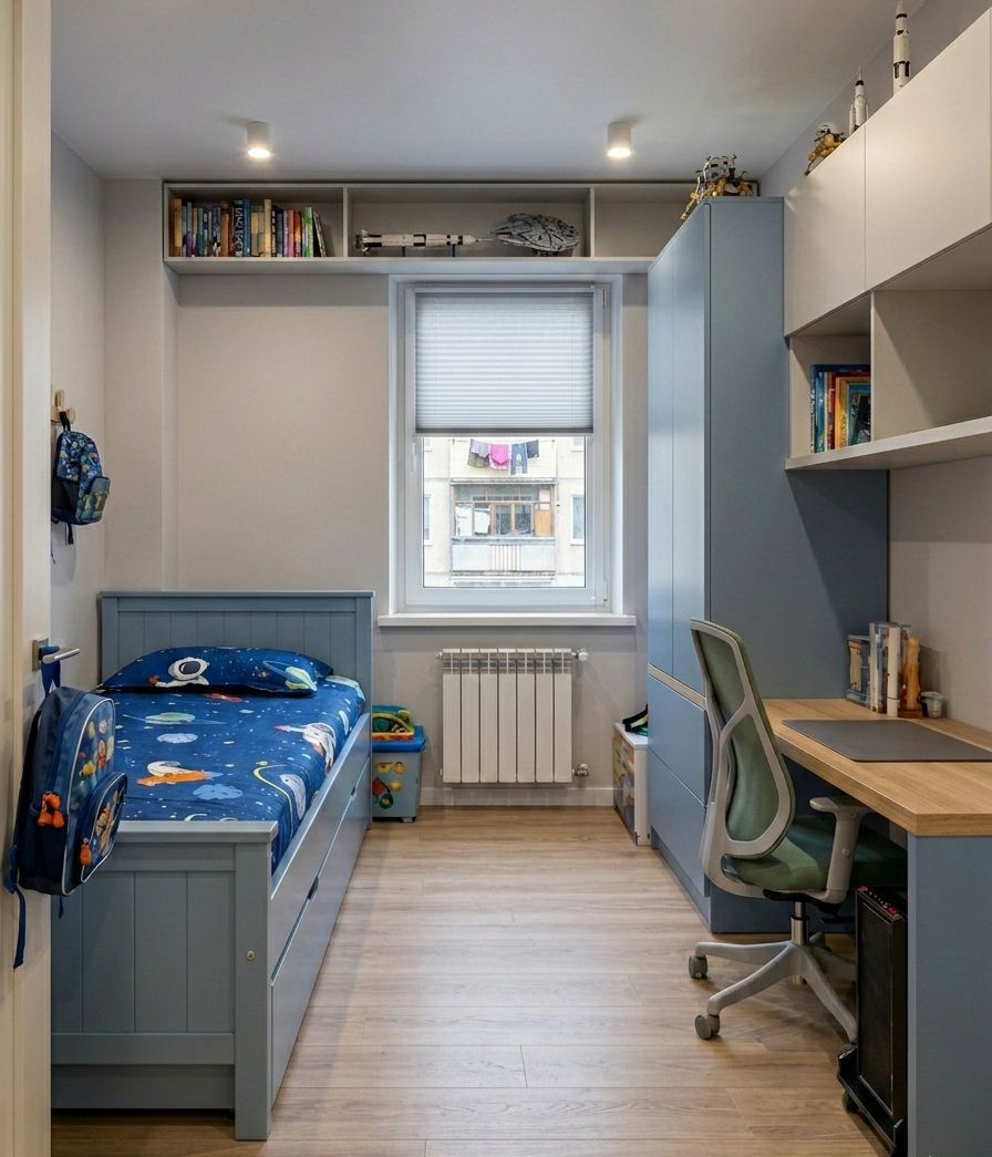 Modern bedroom with a bed, desk, and shelves.