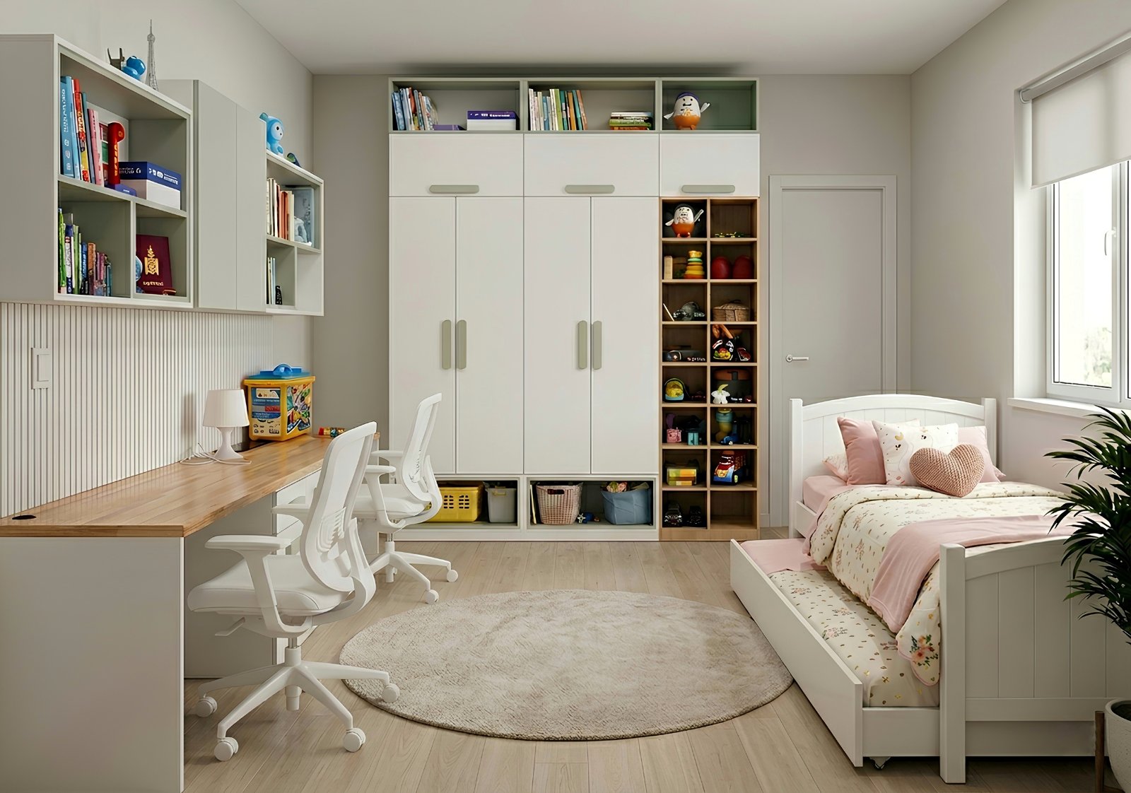 Modern bedroom with study area, wardrobe, and bed.