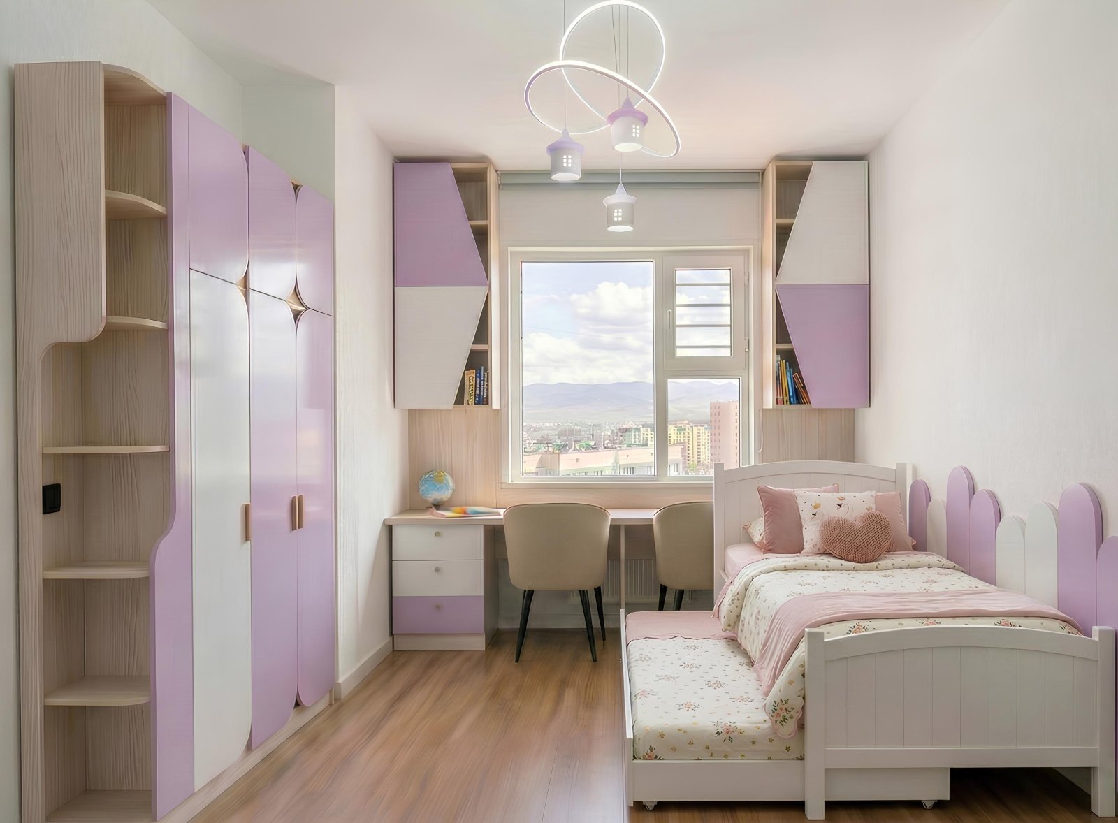 Modern bedroom with purple and white furniture, including a bed and wardrobe.
