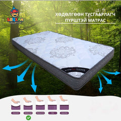 Mattress with ventilation arrows on a forest background, featuring a brand logo.