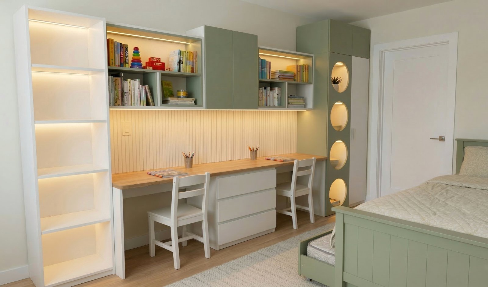 Small bedroom with a study nook featuring built-in shelves, desk, and chairs.