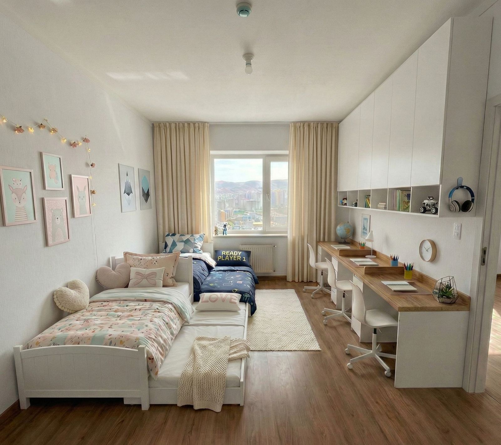 Modern bedroom with a bed, desk, and large window.