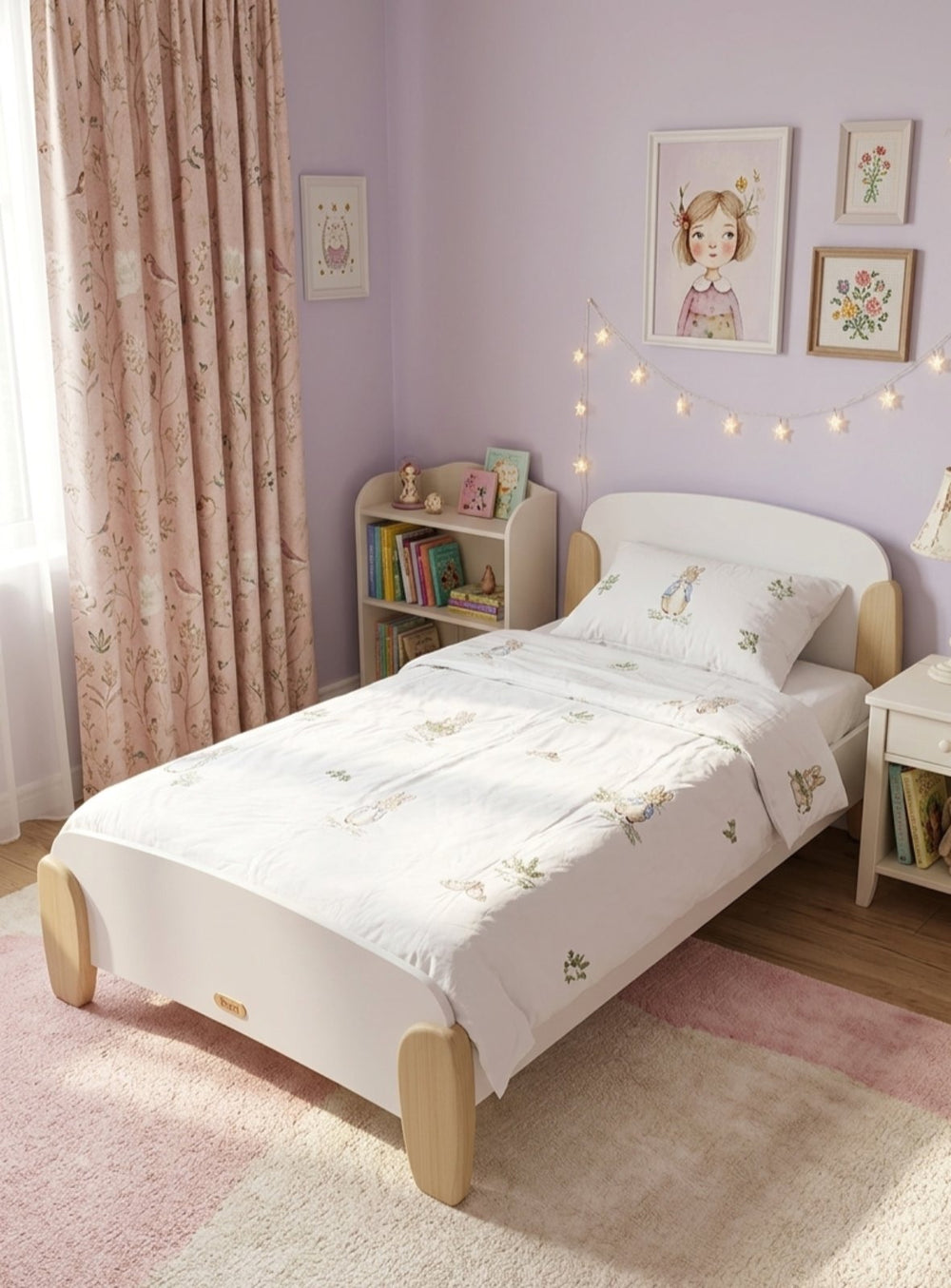 White quilt with embroidered characters on a white background