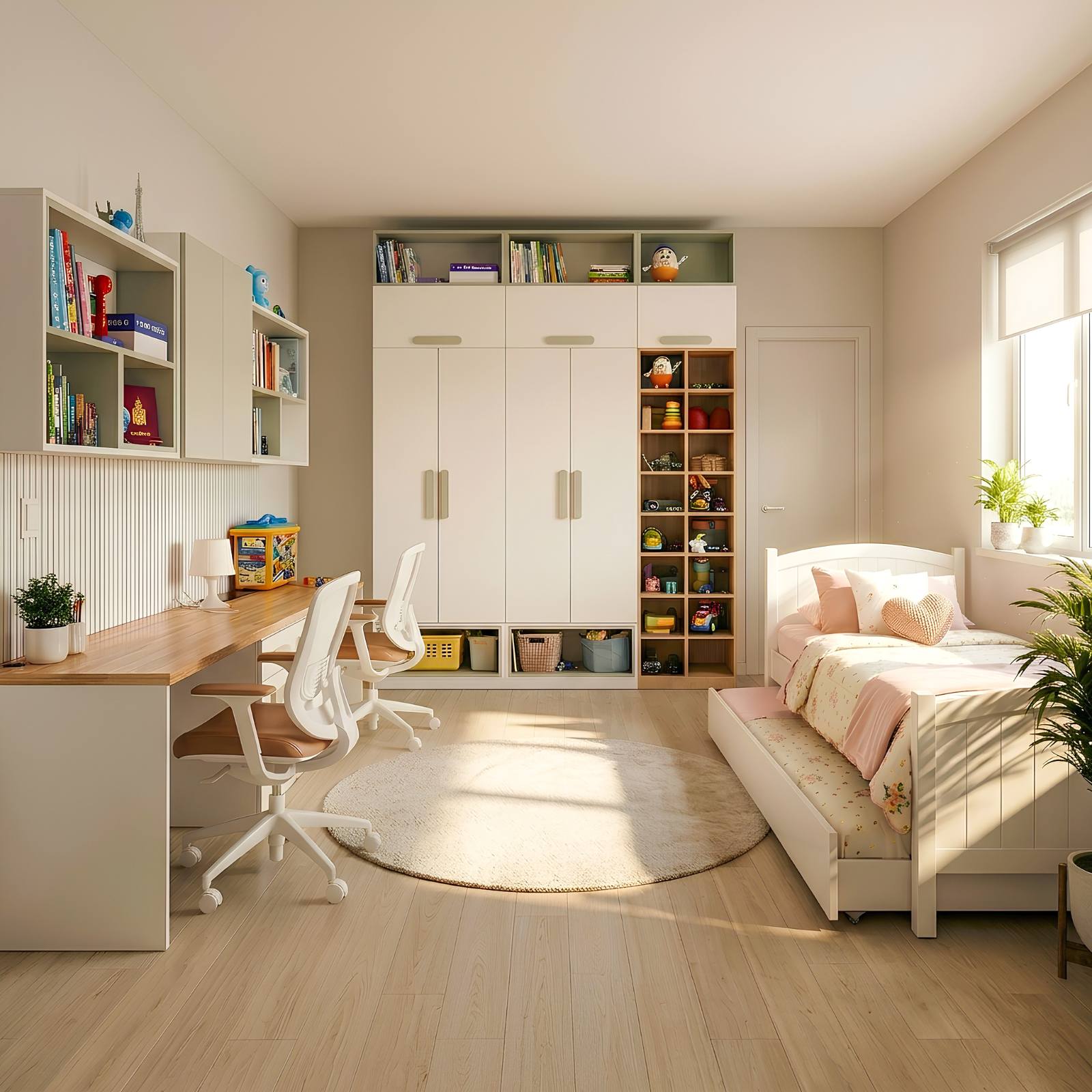 Modern bedroom with desk, shelves, and bed in a well-lit room.