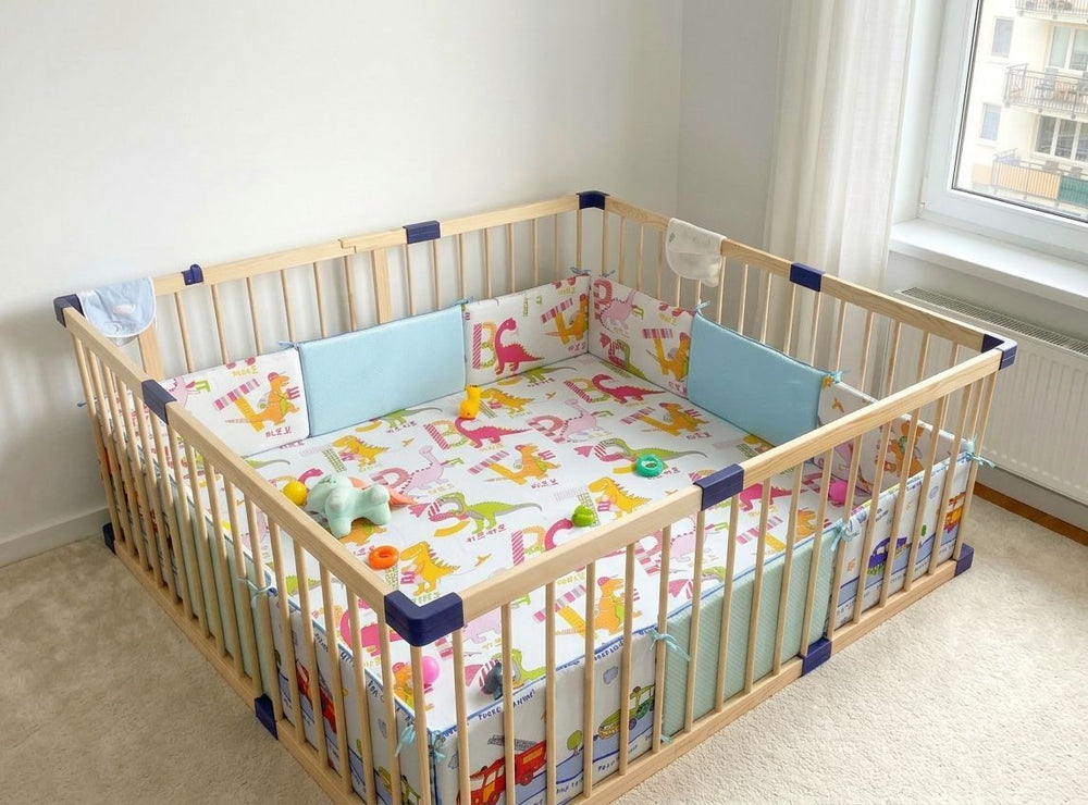 Children's crib with dinosaur-patterned bedding in a room with a window.