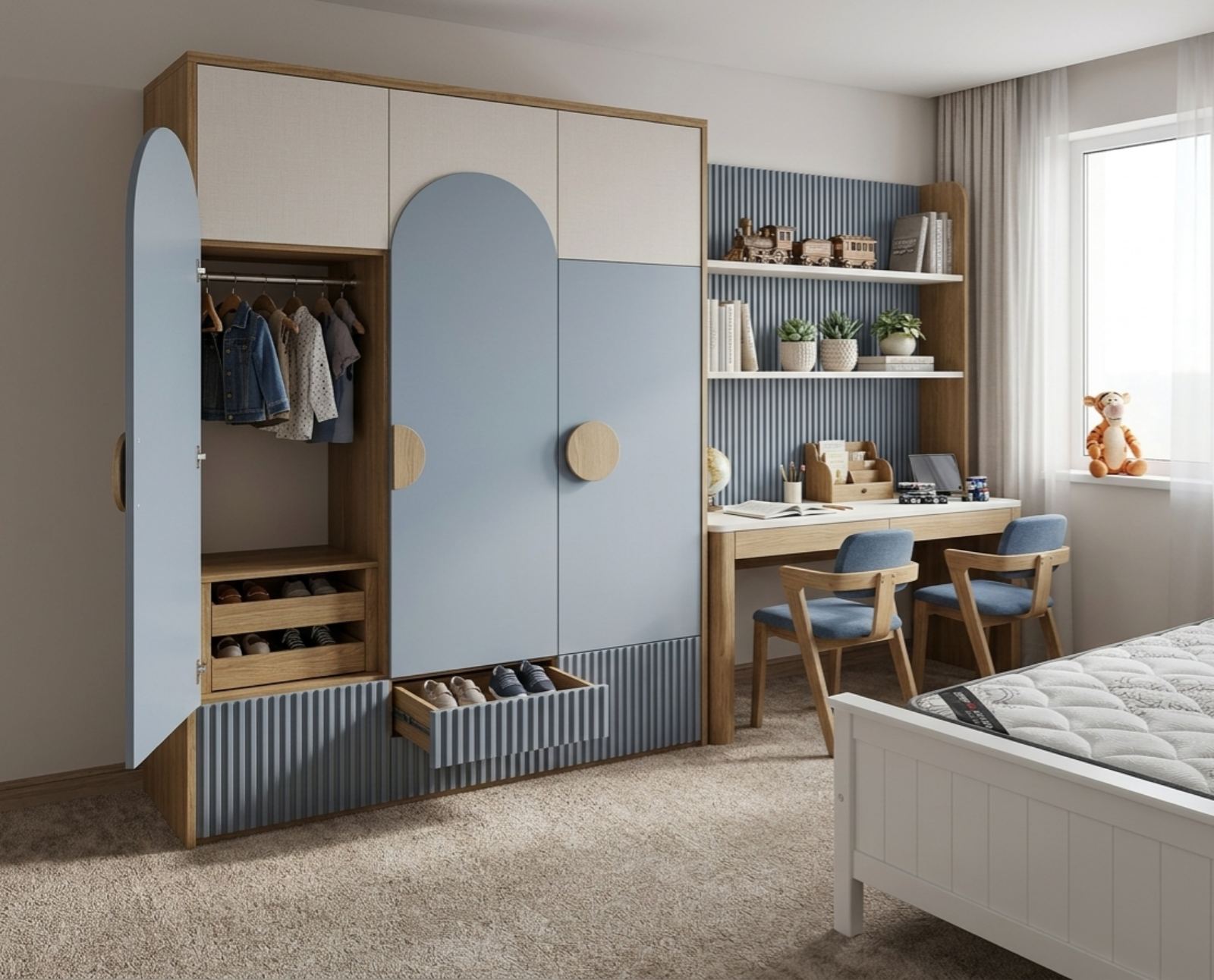 Modern bedroom with a wardrobe, desk, and bed.
