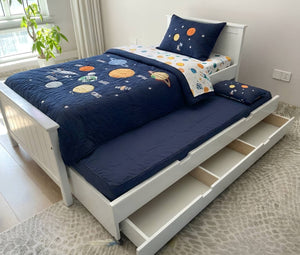 Children's bed with space-themed bedding and pull-out drawer in a room with a window and plant.