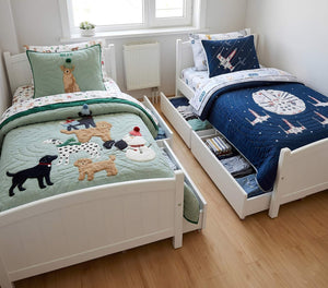 Children's bedroom with two beds, one featuring a dog-themed quilt and the other with a space-themed quilt.